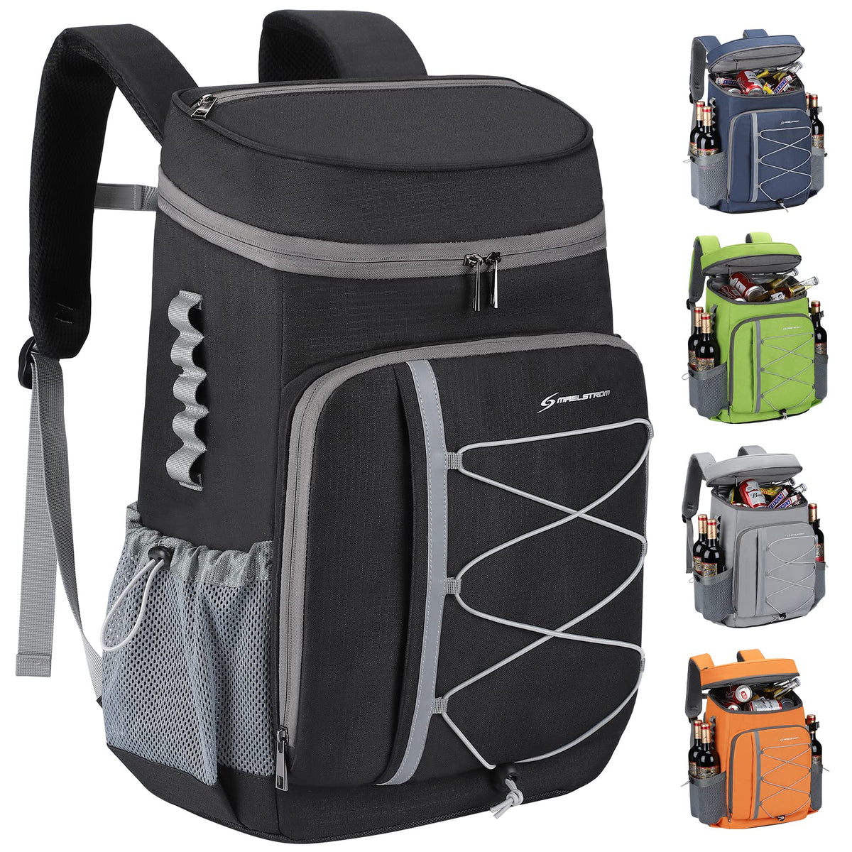 Maelstrom Mochila Hielera 35/50 Latas, Bolsa Hielera Suave Hermética | Frío 16h, bolsillos múltiples, silbato emergencia, acolchado ergonómico transpirable. Ideal camping, pesca, senderismo - Negro - 35 Can