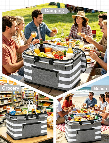 KEFOMOL Cesta de Picnic aislada a Prueba de Fugas, Bolsa enfriadora Plegable de 26 litros con Tapa, 2 Asas Resistentes, Cesta de Almacenamiento para Picnic, Entrega de Alimentos, para Llevar, Compras