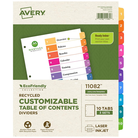 AVERY 10 separadores de pestañas ecológicos para 3 anillas, tabla de contenido personalizable, 3 juegos (11082), multicolor