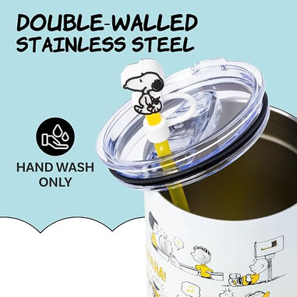 Silver Buffalo Peanuts con Charlie Brown, Snoopy, Woodstock, Lucy, Sally, Linus y más vaso de acero inoxidable con mango y popote, se adapta a portavasos estándar, 40 onzas