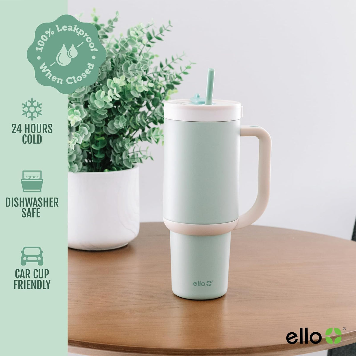 Ello Oasis - Vaso de 24 onzas con mango y popote retráctil, taza de acero inoxidable aislada reutilizable 100% a prueba de fugas, regalos para adolescentes, mujeres y hombres, mantiene el frío durante