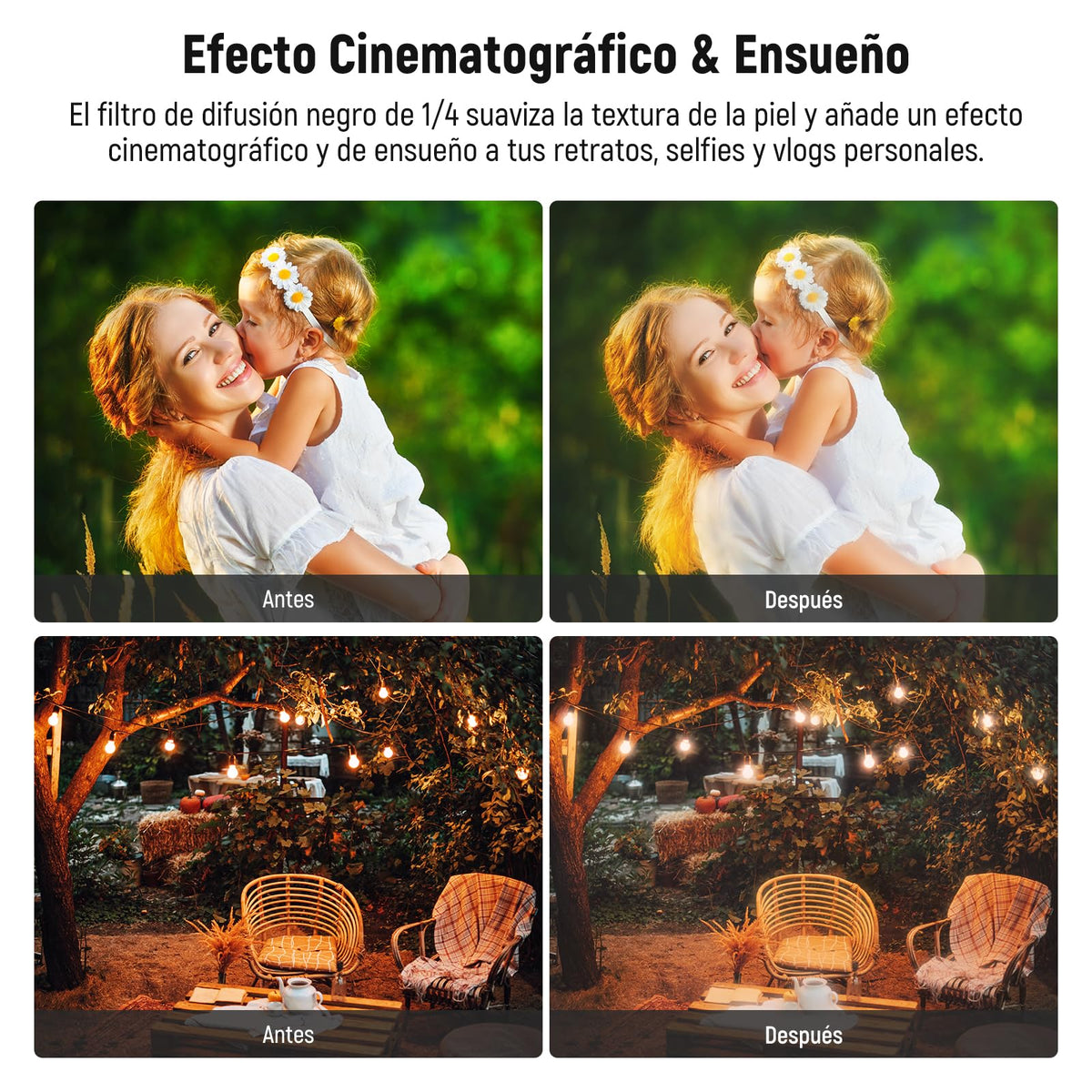 NEEWER 58mm Filtros ND Variable & Filtro Difusión Negra 1/4 Set, Paquete de 2 Vidrio Optico Multicapa Densidad Neutra ND2-400 & Filtro Efecto Cinematográfico Suave Ensueño para Lentes Cámara.