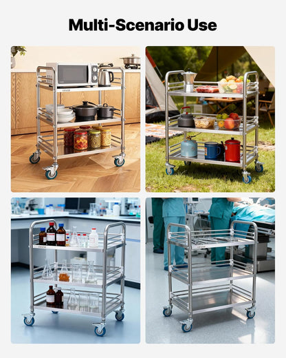 VEVOR Carro de Laboratorio de Acero Inoxidable 3 Niveles con Ruedas Bloqueables, Bandeja de Almacenamiento Móvil Resistente para Hospitales, Restaurantes, Cocinas, Salones, 615 x 410 x 870 mm