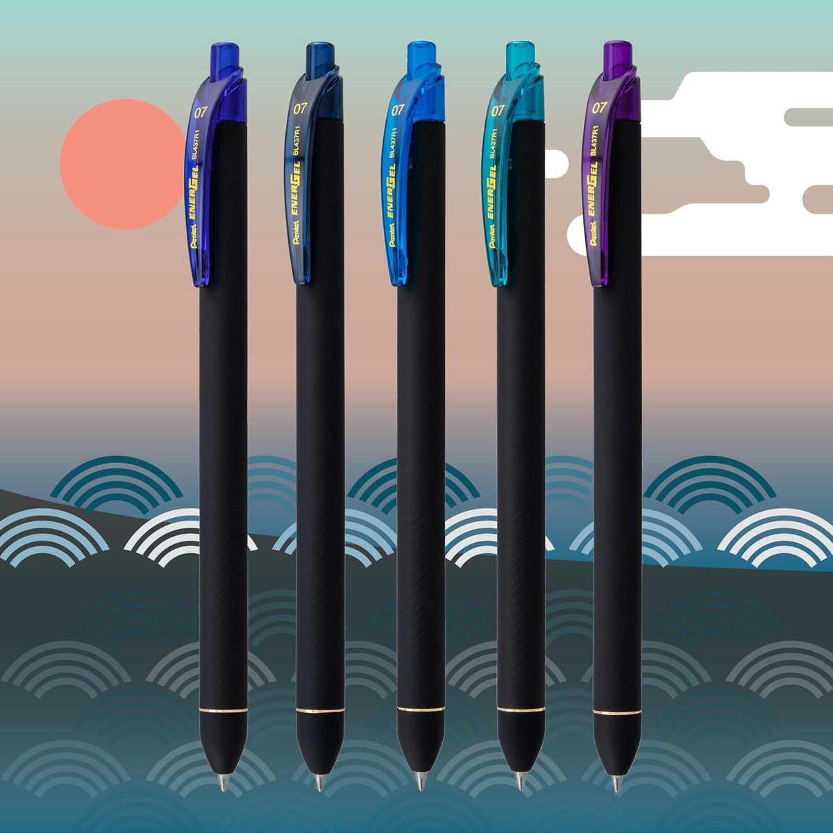 Pentel EnerGel Kuro Shades of the Ocean, bolígrafo retráctil de gel líquido, varios colores de tinta, paquete de 5 (BL437OCNPF5)