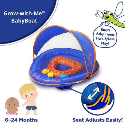 SwimSchool Deluxe Baby Float with Adjustable Canopy - 6-24 Months - Baby Swim Float with Splash & Play Activity Center and Perfect-Fit Safety Seat - Blue/Orange