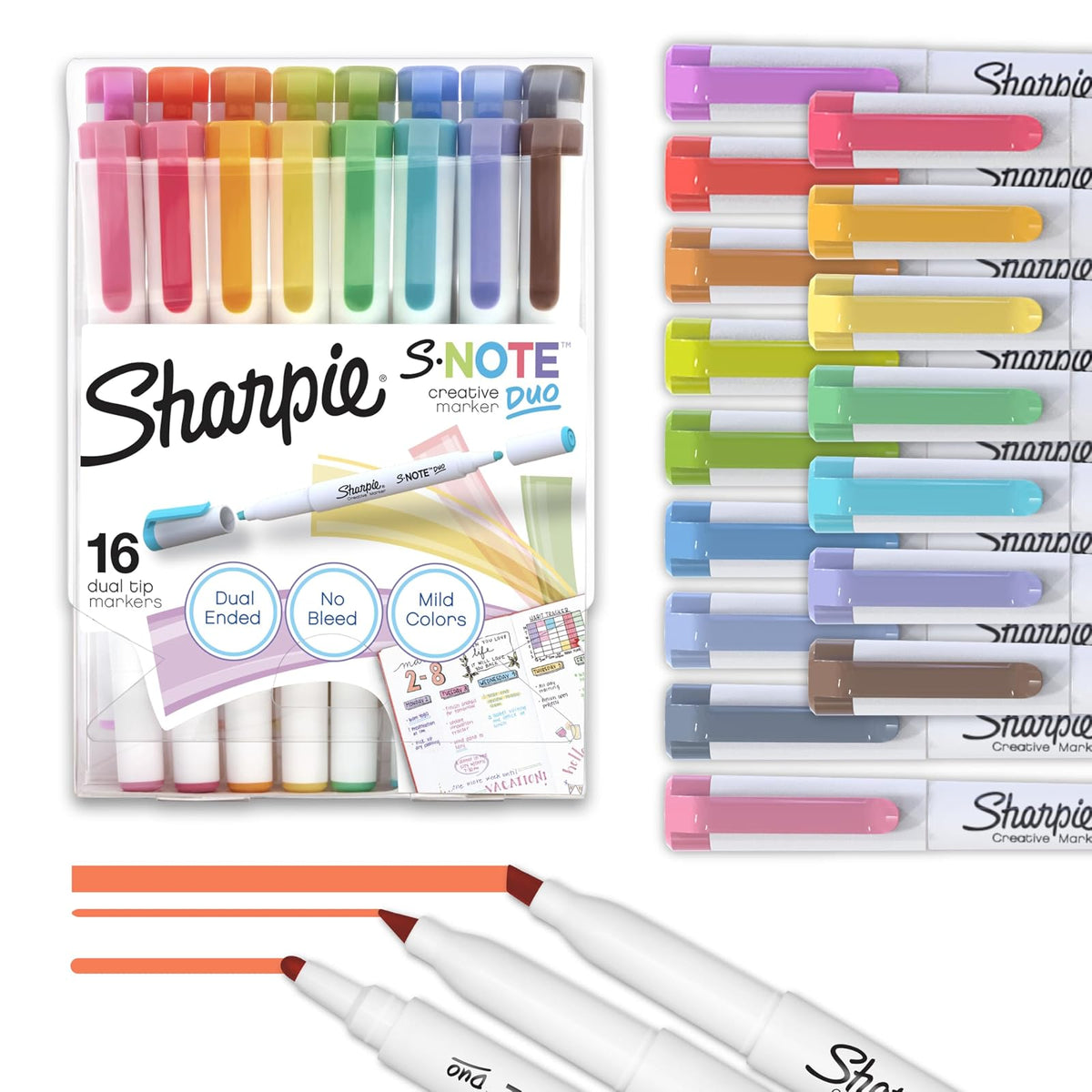 Sharpie S-Note Duo - Marcadores creativos de doble punta, marcatextos y marcador artístico, colores surtidos, puntas finas y de cincel, incluye caballete de pie, 16 piezas.