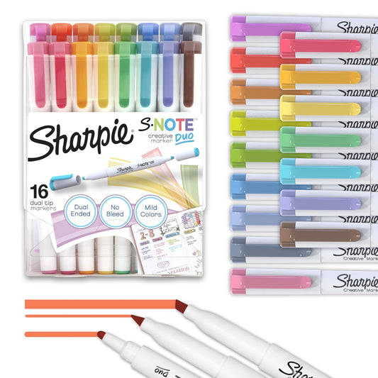 Sharpie S-Note Duo - Marcadores creativos de doble punta, marcatextos y marcador artístico, colores surtidos, puntas finas y de cincel, incluye caballete de pie, 16 piezas.