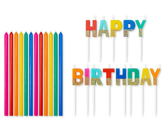 American Greetings Velas de Cumpleaños con Palillos de Dientes | Multicolor, texto largo y fino de feliz cumpleaños, 25 unidades