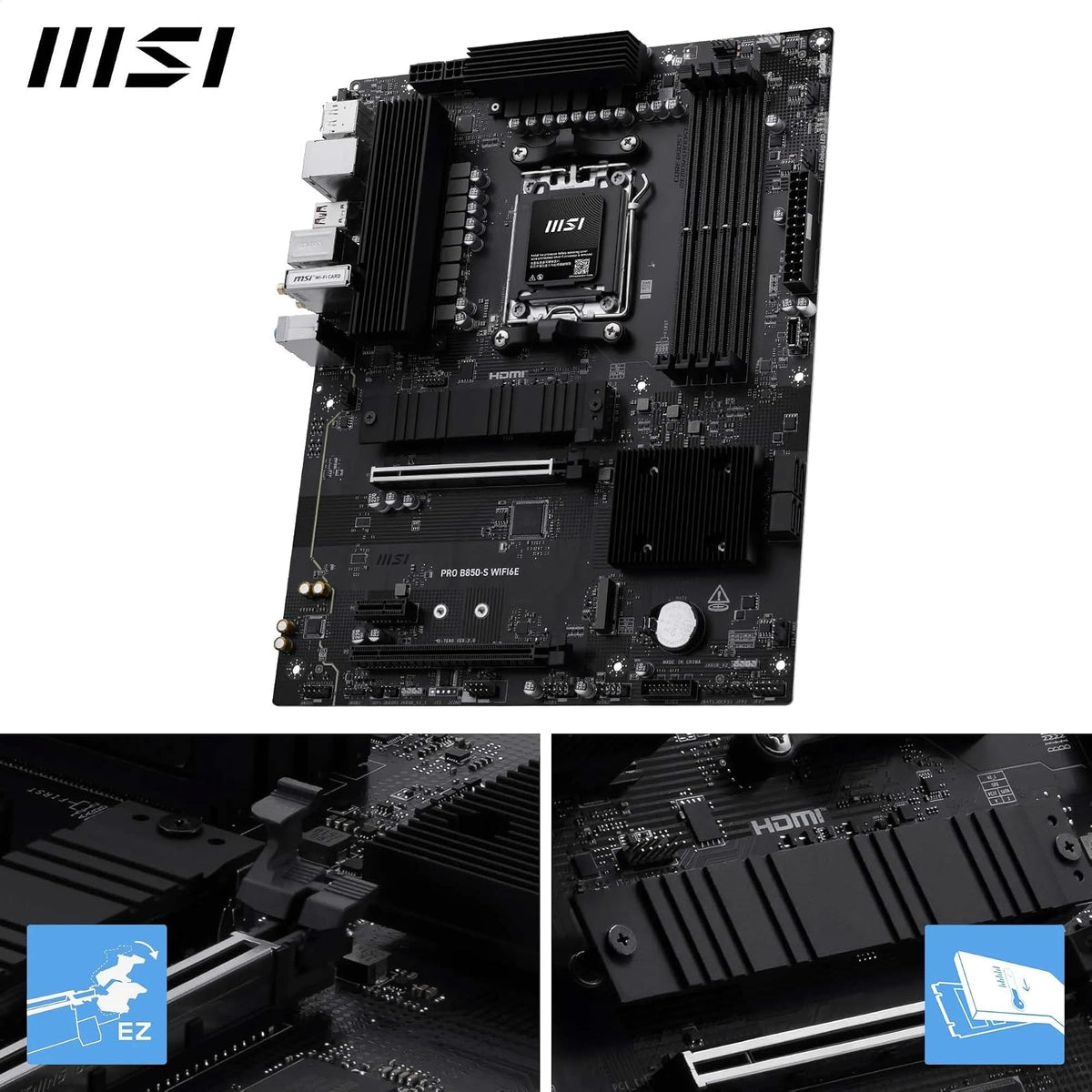 MSI Pro B850-S WIFI6E Motherboard, ATX - Compatible con procesadores AMD Ryzen 9000/8000 / 7000, AM5 - DDR5 Memory Boost (8200+ MT/s OC), PCIe 4.0 x16, M.2 Gen5, Wi-Fi 6E, LAN 2.5G