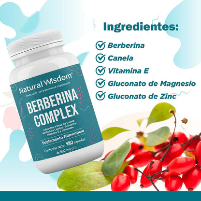 NW Berberina HCL Complex | 180 Capsulas | con Vitamina E Canela Magnesio | Ingredientes Naturales | Natural Wisdom