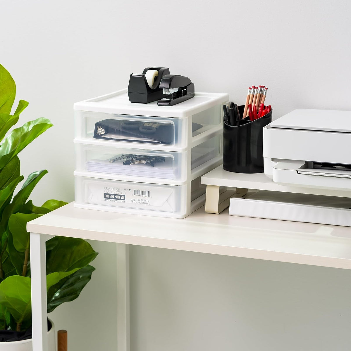 IRIS USA Paquete de 2 Organizadores de 3 Cajones Medianos, Blanco | Organiza artículos de oficina, papelería, maquillaje, manualidades y esenciales diarios en el escritorio
