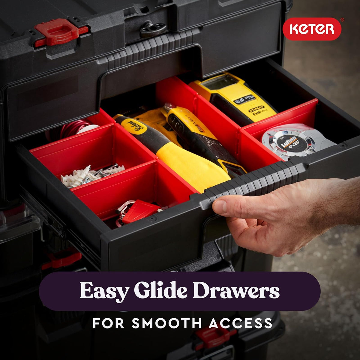 Keter Stack-n-Roll - Caja de herramientas de dos cajones para piezas pequeñas y accesorios de herramientas eléctricas, se adapta al sistema modular de almacenamiento de herramientas Keter