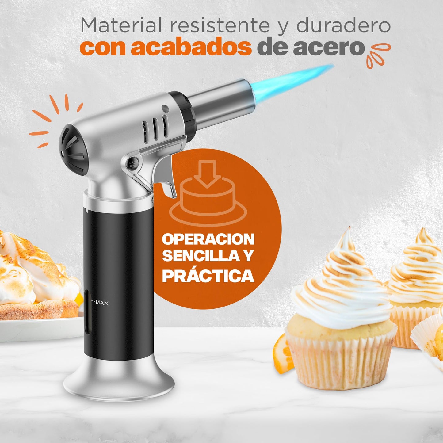 Hukën x MasterChef | Antorcha Culinaria Switch Control | Ajuste de Potencia de Flama | Ventanilla de Nivel de Gas | Base Estable | Carga de 6g para Uso Ligero | Diseño Compacto | Estilo Profesional