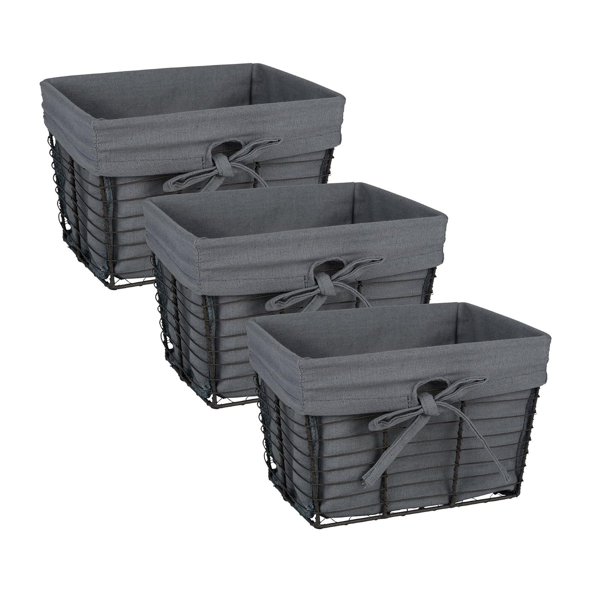 DII - Cesta de alambre gris vintage con forro de tela extraíble, juego de 3, color gris - Juego de 3 - gris
