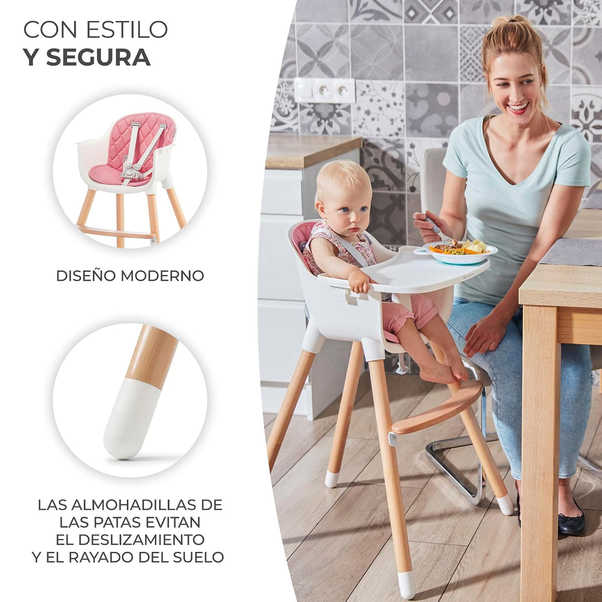 Kinderkraft SIENNA Silla alta, Periquera, Trona bebé, Portatil, Ergonómica, Fácil de limpiar, Patas de Madera, Bandeja Extraíble, para niños, 6 Meses - 5 años, Rosa