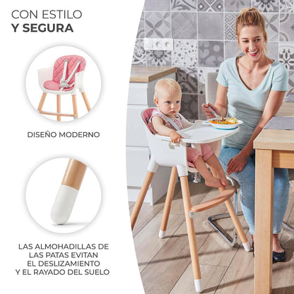 Kinderkraft SIENNA Silla alta, Periquera, Trona bebé, Portatil, Ergonómica, Fácil de limpiar, Patas de Madera, Bandeja Extraíble, para niños, 6 Meses - 5 años, Rosa