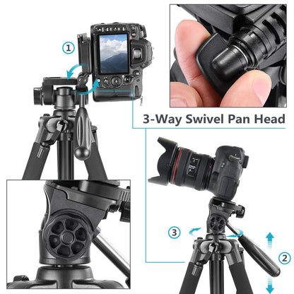 Neewer - Trípode portátil de Aluminio de 142 centímetros con Cabeza giratoria de 3 vías, Bolsa para cámara réflex Digital (DSLR), Carga hasta 4 kilogramos, Color Negro (SAB234)