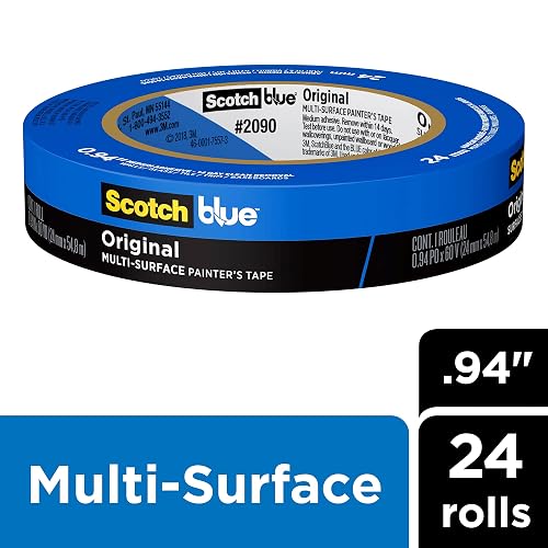 ScotchBlue - Cinta de pintores de superficies múltiples, 1 pulgada de ancho (0.95 pulgadas) 24 rollos, cinta de pintura azul que protege las superficies y se quita fácilmente, cinta adhesiva para uso