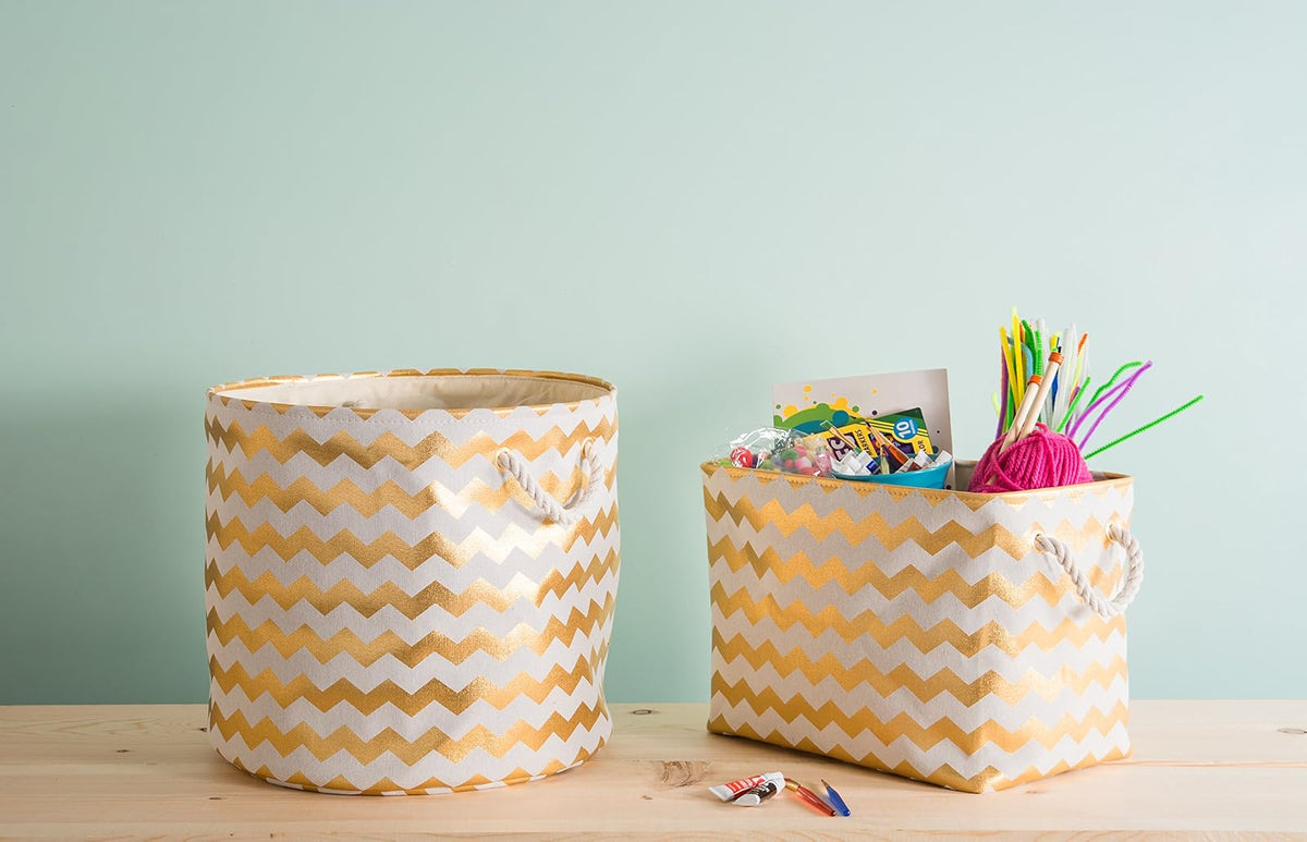 DII Collapsible Polyester Storage Basket or Bin with Durable Cotton Handles, Home Organizer Solution for Office, Bedroom, Closet, Toys, & Laundry (Large – 18x12x15"), Gold Chevron