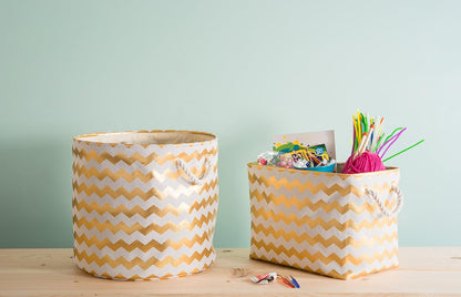 DII Collapsible Polyester Storage Basket or Bin with Durable Cotton Handles, Home Organizer Solution for Office, Bedroom, Closet, Toys, & Laundry (Large – 18x12x15"), Gold Chevron