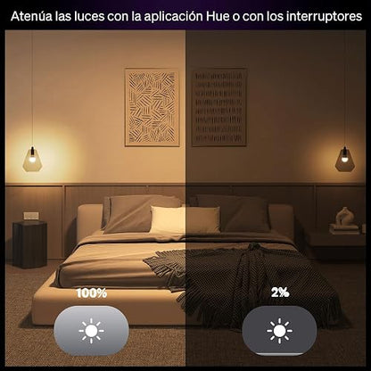 Philips Hue Kit de 4 Focos inteligentes con luz multicolor | Ambiente blanco y de color, E26, 7.2W, 2200K-6500K, 800 lúmenes, regulable, funciona con Alexa, Google Assistant, Apple Home