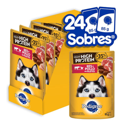 Pedigree - High Protein Alimento para Perro Adulto, Sabor Res y Pollo, 24 Sobres, 85g c/u, con Proteína, Antioxidantes y Vitamina E