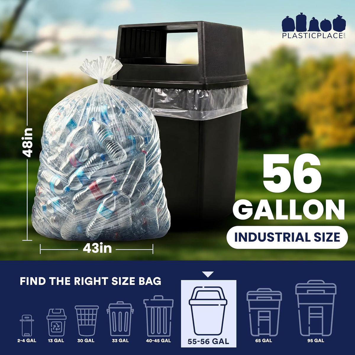 Plasticplace 55-60 gallon Trash Bags │ 22 Microns │ Clear High Density Garbage Can Liners │ 38” x 60” (150Count)