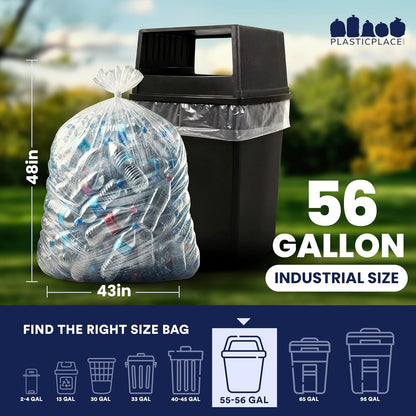 Plasticplace 55-60 gallon Trash Bags │ 22 Microns │ Clear High Density Garbage Can Liners │ 38” x 60” (150Count)