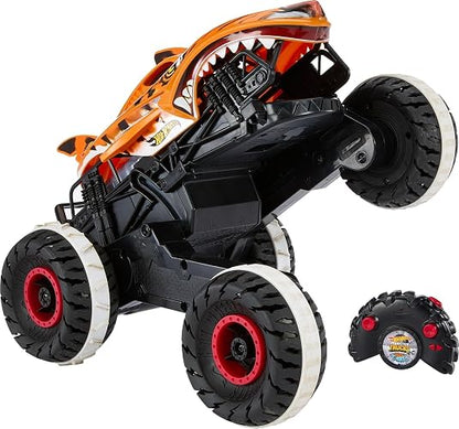 Hot Wheels Monster Trucks Vehículo Control Remoto Tiger Shark 1:15 4+ Años | Tecnología Terrain Stomp, recarga USB con 25 min de juego y alcance de 30 m