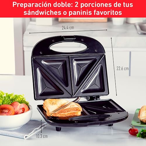 T-FAL Sandwichera compacta antiadherente | Recubrimiento antiadherente, negra, prepara 2 porciones de sándwiches o paninis, luz indicadora, fácil de limpiar. SM2118MX