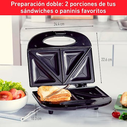 T-FAL Sandwichera compacta antiadherente | Recubrimiento antiadherente, negra, prepara 2 porciones de sándwiches o paninis, luz indicadora, fácil de limpiar. SM2118MX
