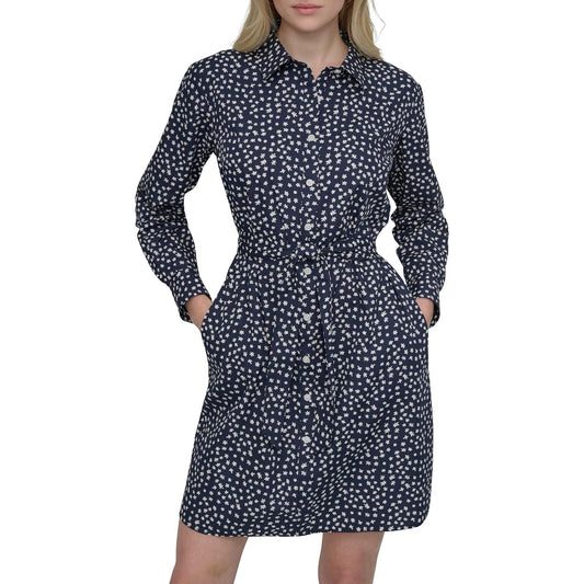 DKNY Long Sleeve Collar Neck Tie Waist Belt Mini Dress Vestido Mujer