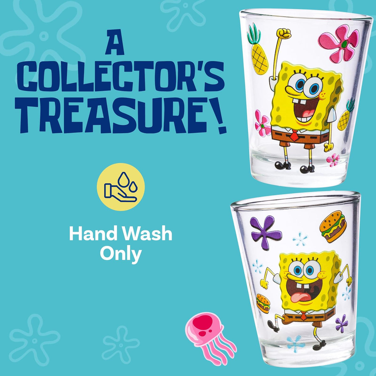 Silver Buffalo SpongeBob - Pantalones cuadrados con Gary Poses Floral Krabby Patty Paquete de 4 mini, juego de vidrio, 1.5 onzas