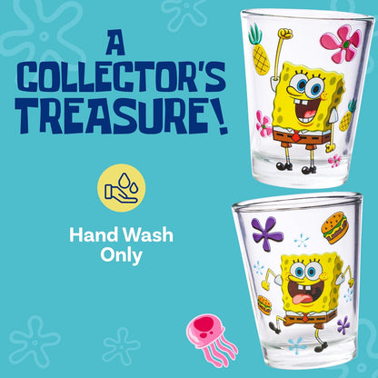 Silver Buffalo SpongeBob - Pantalones cuadrados con Gary Poses Floral Krabby Patty Paquete de 4 mini, juego de vidrio, 1.5 onzas