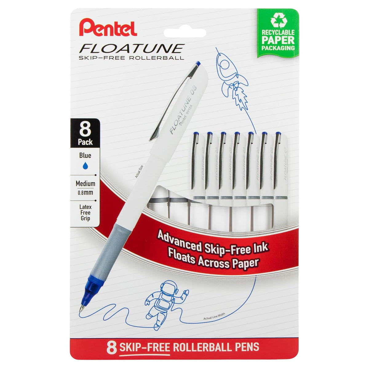 Pentel Floatune Rollerball, punta media de 0,8 mm, tinta azul, paquete de 8 bolígrafos (BY108PF8C)