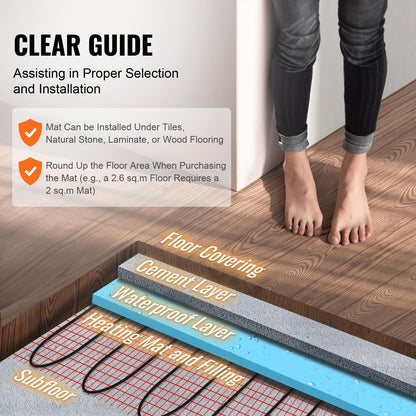 VEVOR - Alfombrilla para calefacción de piso, 20 metros cuadrados Sistema eléctrico radiante en el piso con termostato digital de detección de piso, incluye monitor de instalación, parte trasera adhesiva para una fácil instalación en el piso