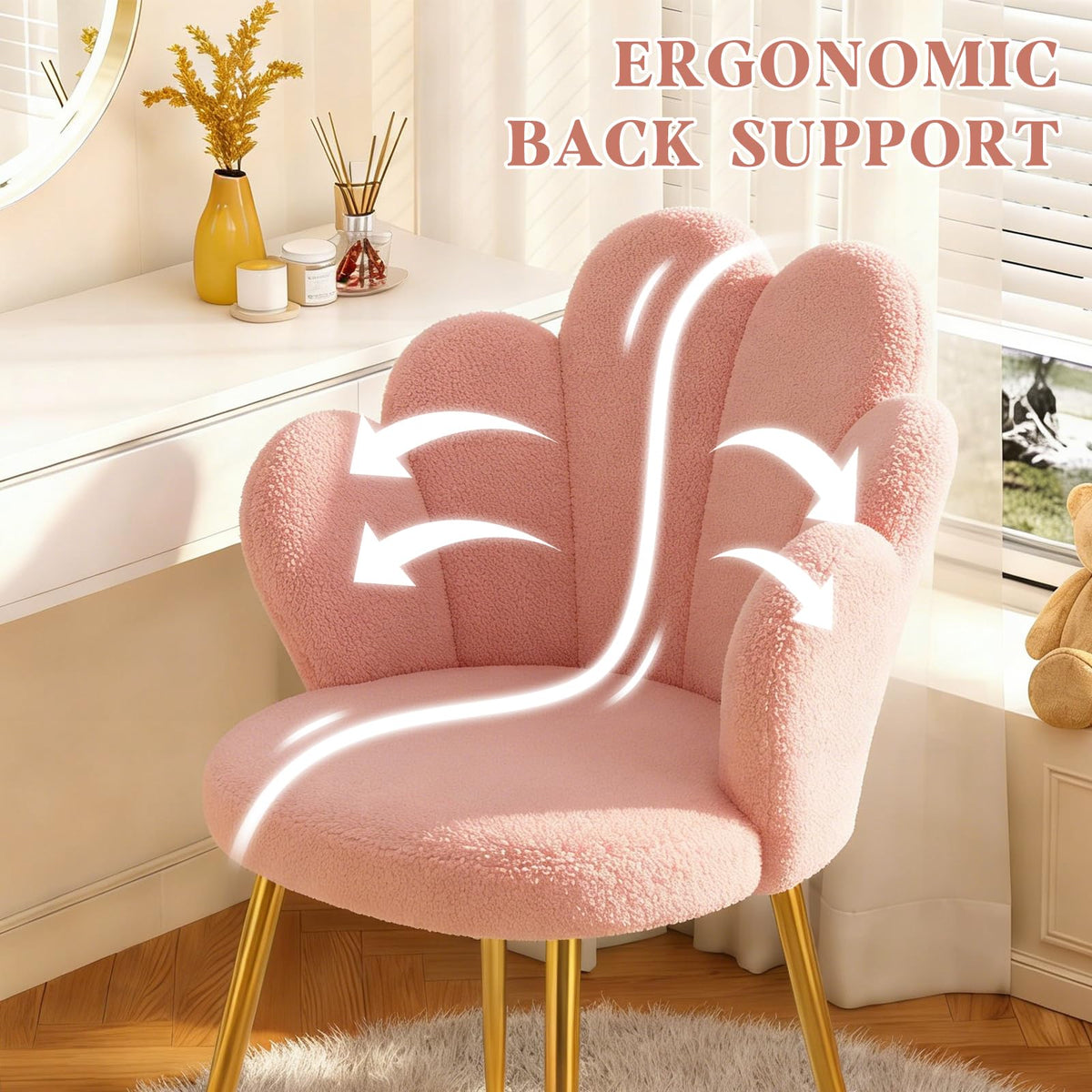 WAYTRIM - Silla de Cambiador Rosa con Respaldo para Maquillaje, Asiento de Cambiador, Silla de computadora para niñas con Patas Doradas adecuadas, Silla de diseño de pétalos de Flores para recámara