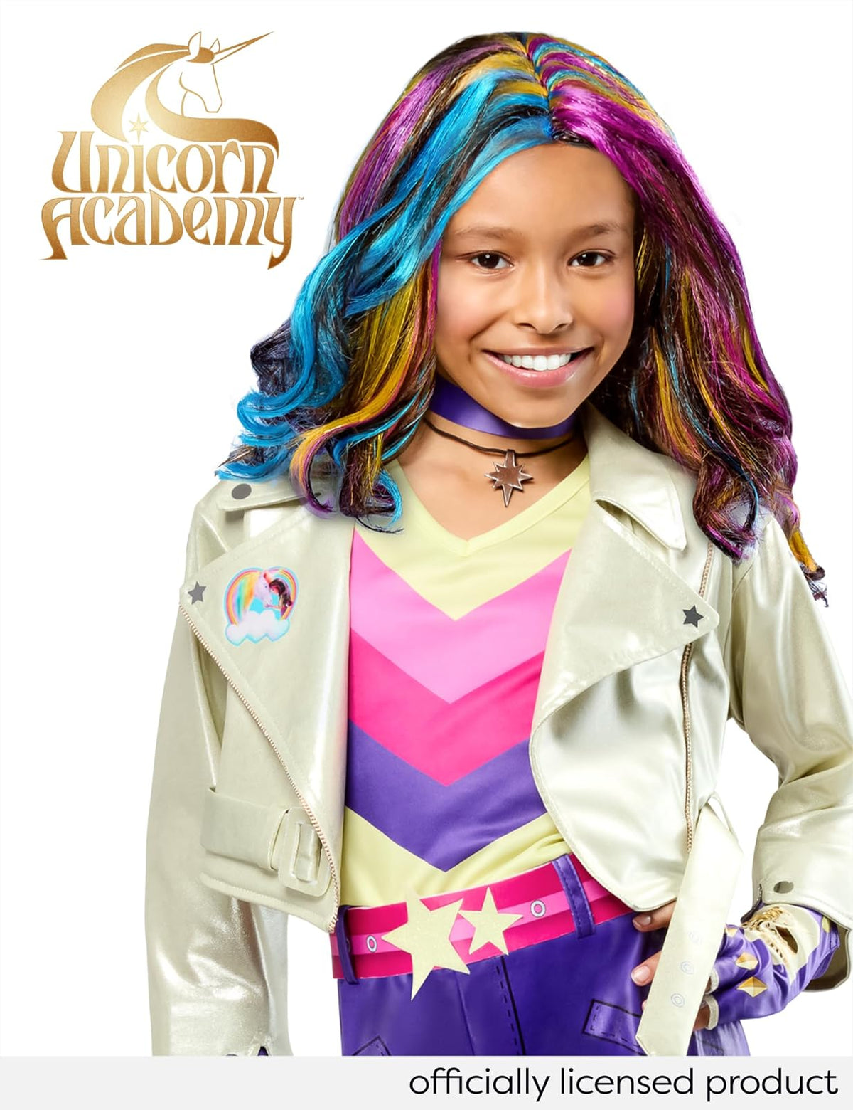 Rubies Disfraz de Sophia Mendoza Unicorn Academy Talla L | Para niños, overol sin mangas con fundas para botas, cinturón, guantes sin dedos, collar