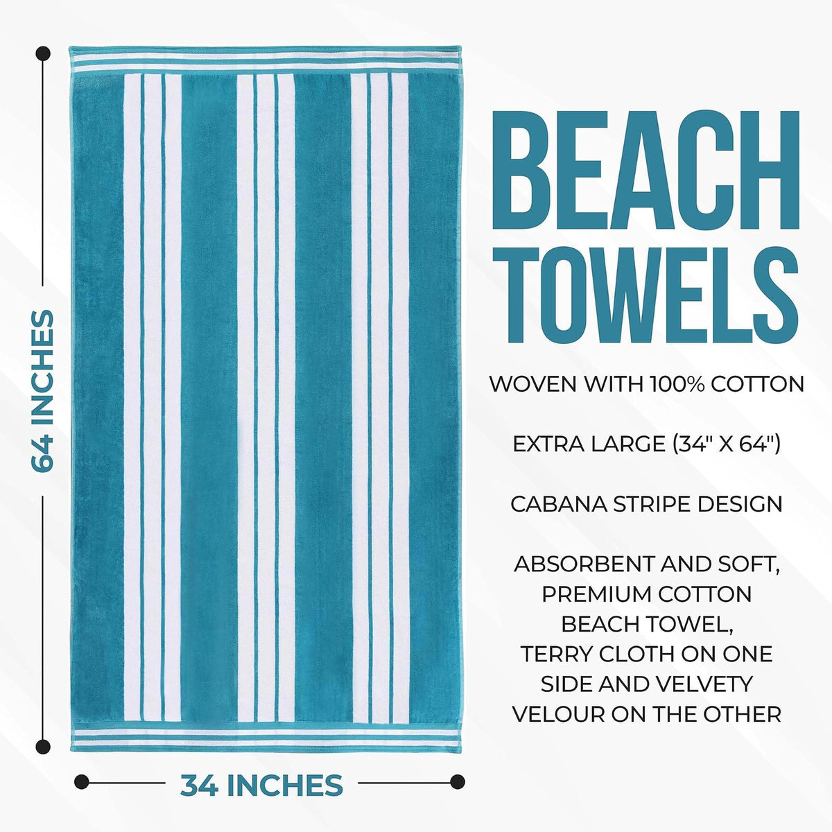 Superior Collection Luxurious Jacquard Cotton Beach Towels, Oversized, Turquoise Cabana Stripes