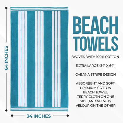 Superior Collection Luxurious Jacquard Cotton Beach Towels, Oversized, Turquoise Cabana Stripes