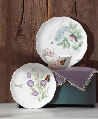 Lenox Vajilla Butterfly Meadow Flutter 12 Piezas para 4 Comensales, Porcelana Blanca, Diseños de Aves, Apta para Microondas