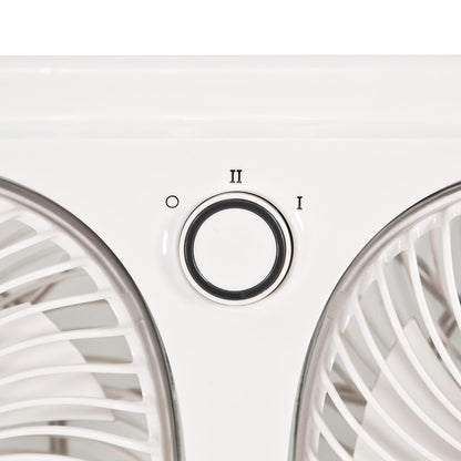 Comfort Zone Living Comfort Ventilador de ventana doble de 9 pulgadas con 2 velocidades y cabezales giratorios individualmente de 180°, visualización extraíble para insectos, ideal para el hogar