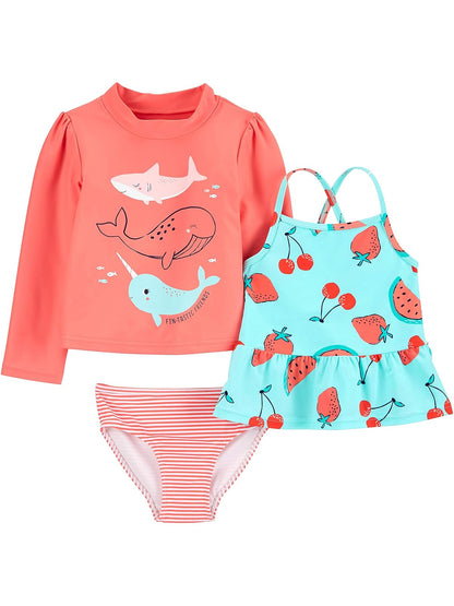 Carter's Simple Joys Set de Natación de 3 Piezas para Niña - Vida marina naranja - fruta roja - raya - 12 Meses