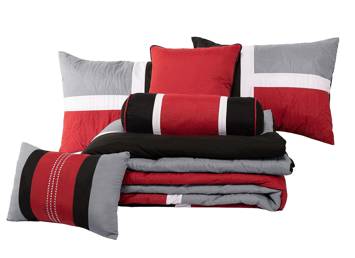 Chezmoi Collection - Juego de edredón Acolchado de 7 Piezas con diseño de Patchwork - Queen, Rojo/Gris/Negro
