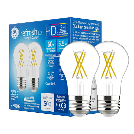 GE Refresh - Bombillas LED de 60 W, luz diurna A15, acabado transparente (paquete de 2)