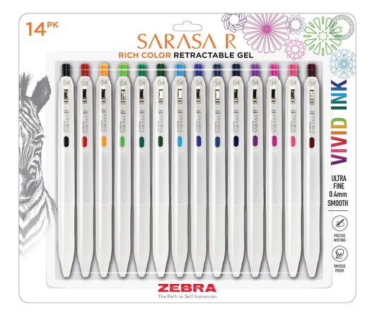 Zebra Pen Sarasa R - Bolígrafo de gel retráctil, punta extrafina de 0,4 mm, suministros escolares y diarios, agarre de goma, clip de carpeta, tinta resistente al agua surtida, paquete de 14 (47714)