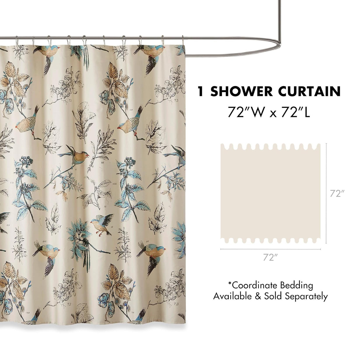 Madison Park - Cortina de ducha con estampado de pájaros y hojas, cortina de ducha para baño, decoración moderna de campo, lavable a máquina, cortina de ducha de algodón, membrillo, 72 x 72 pulgadas,