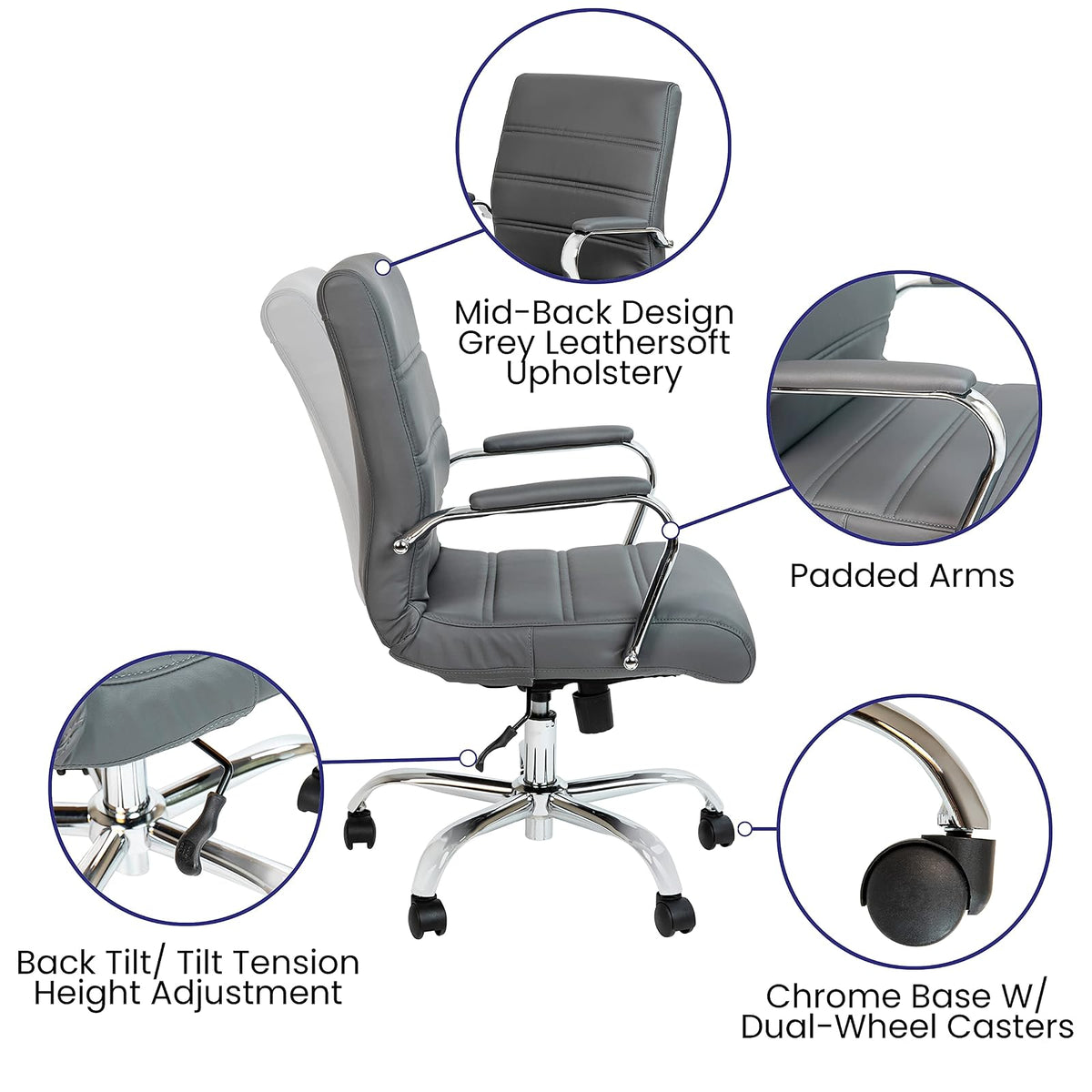 Flash Furniture Whitney - Silla de computadora giratoria de Piel Suave con Asiento Acolchado y reposabrazos, Silla de Oficina Acolchada de Altura Ajustable, Gris/Cromo