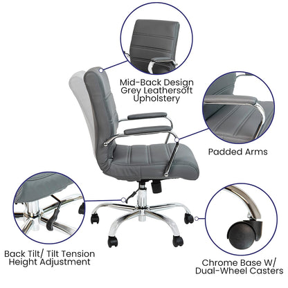 Flash Furniture Whitney - Silla de computadora giratoria de Piel Suave con Asiento Acolchado y reposabrazos, Silla de Oficina Acolchada de Altura Ajustable, Gris/Cromo