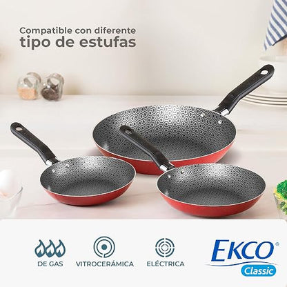 Ekco | Juego de Sartenes Classic 3 Piezas de Aluminio Antiadherente Rojo | Antiadherente Geothermic, Libre de PFOA, Cocción uniforme, Fácil limpieza, Calentamiento rápido, Mangos de baquelita